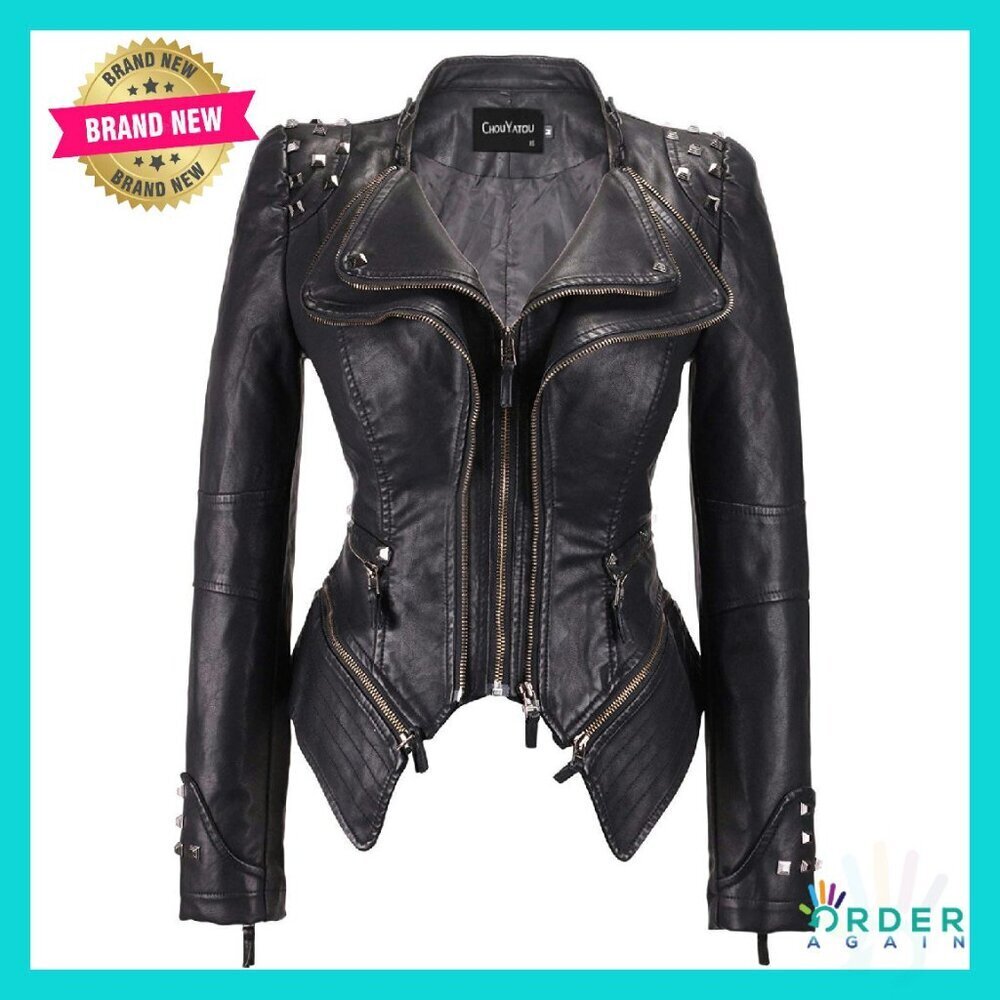 Faux Leather Biker Jacket Studded Vintage Moto Chic Perfectly Shaping
